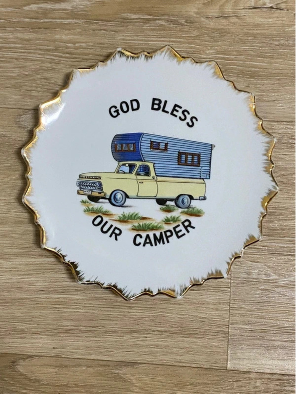 “God Bless Our Camper” Collectors Plate Wall Hanger Vintage Gold Trim Camping
